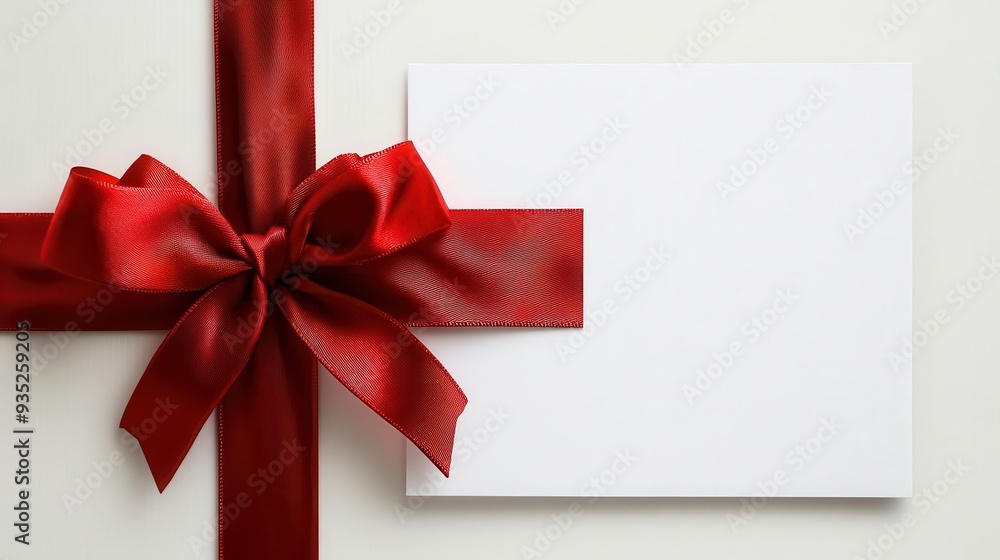 Elegant white gift card adorned with a red ribbon and bow, perfect for holidays, celebrations, and special occasions. Elegant white gift card adorned with a red ribbon and bow, perfect for holidays, celebrations, and special occasions.