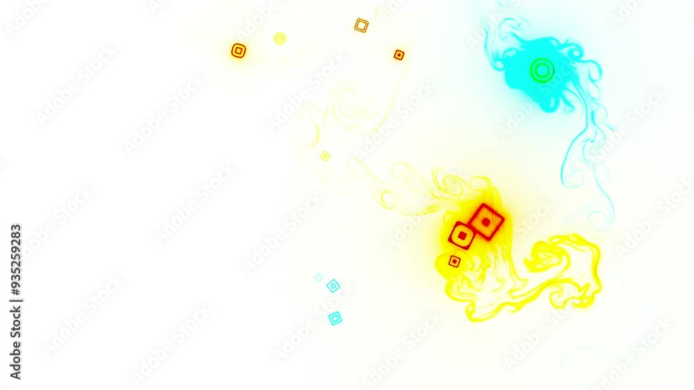 Fluids and colored particles animation on a white background Fluids and colored particles animation on a white background