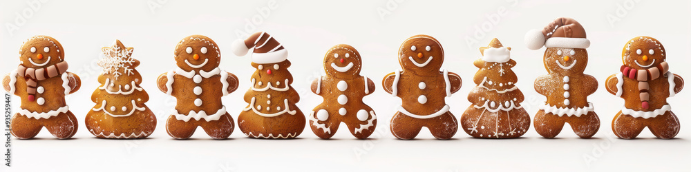 A stylish collection of gingerbread cookies, including a Christmas tree and a snowflake man with a scarf and hat, is isolated on a white background.