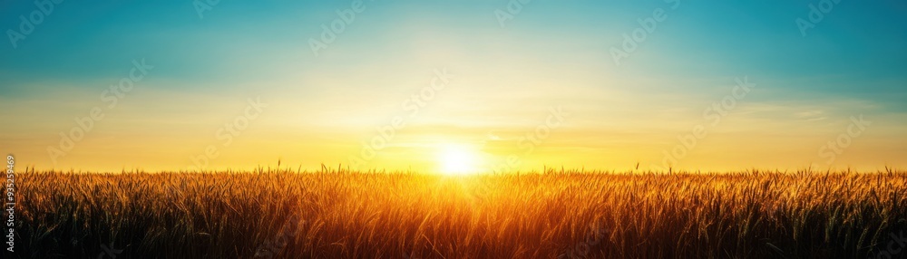 Serene Morning Bliss: Dewy Grass Field Under Clear Blue Sky with Sunlight Beams Serene Morning Bliss: Dewy Grass Field Under Clear Blue Sky with Sunlight Beams