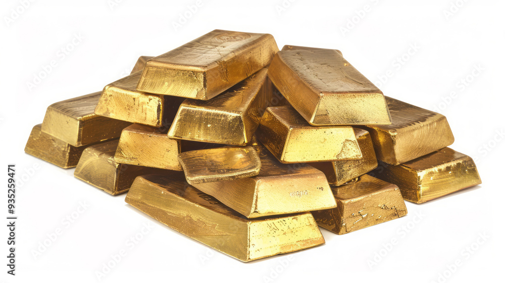 Gold ingots, stacked in a pyramid shape, are isolated on a white background. Gold ingots, stacked in a pyramid shape, are isolated on a white background.