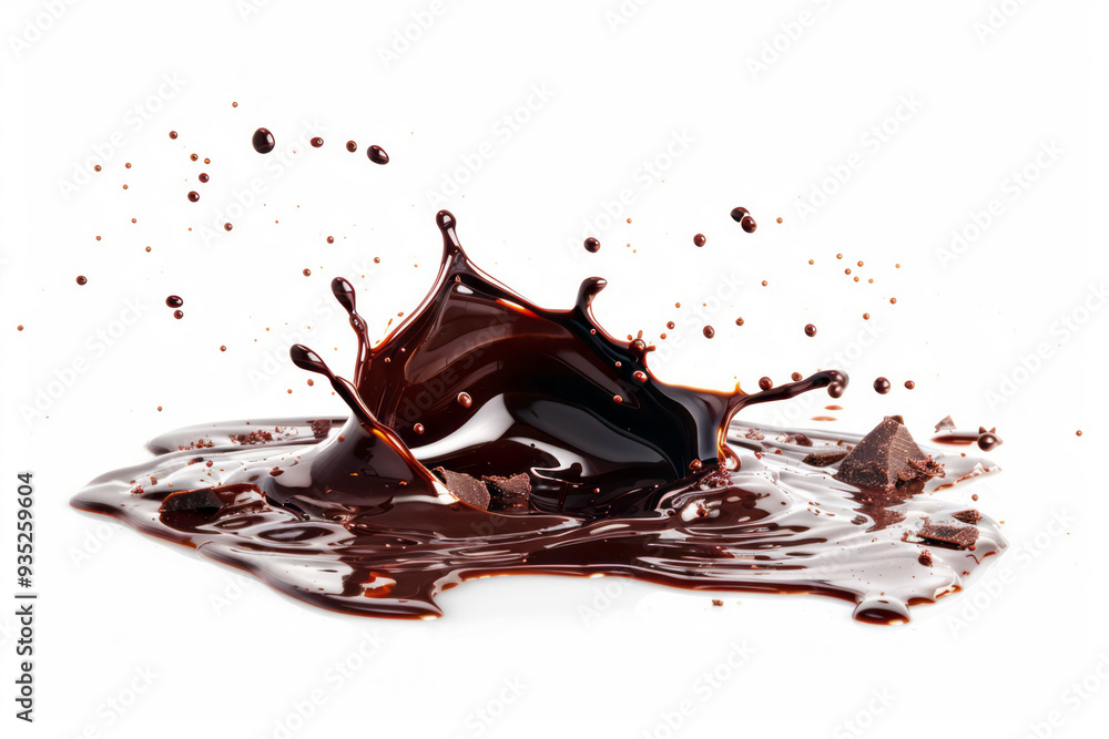 Fototapeta premium A glossy splash of chocolate liquid is isolated on a white backdrop, captured in exquisite detail.