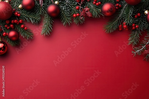 Festive holiday background with Christmas ornaments on pine branches against a red backdrop, perfect for seasonal greetings or invitations.