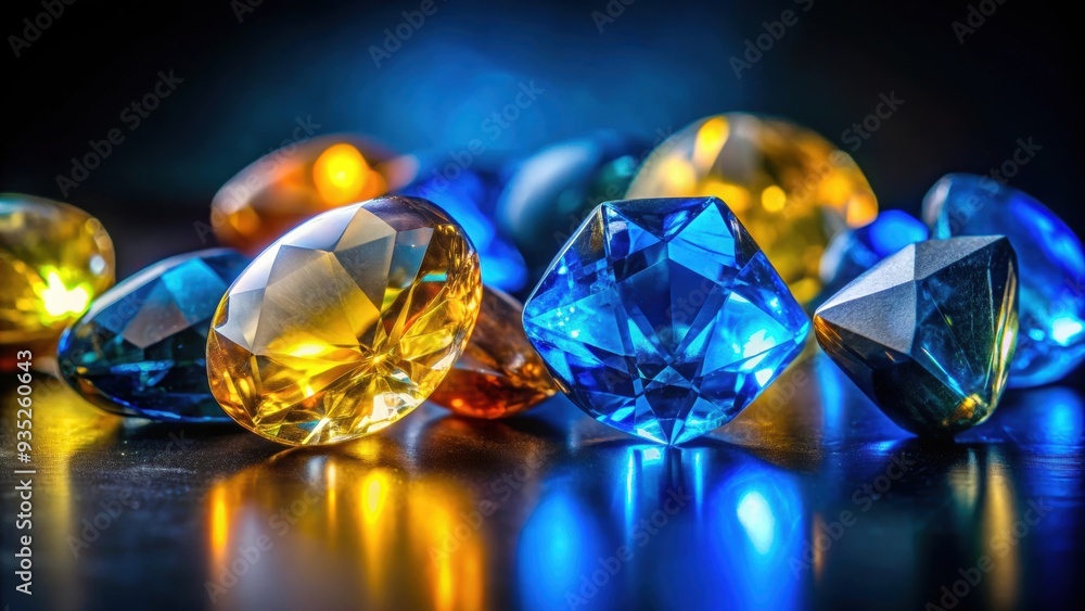 Blue and yellow gemstones reflecting light on a dark surface, Gemstones, Blue, Yellow, Reflecting, Light, Dark, Surface, Sparkle Blue and yellow gemstones reflecting light on a dark surface, Gemstones, Blue, Yellow, Reflecting, Light, Dark, Surface, Sparkle