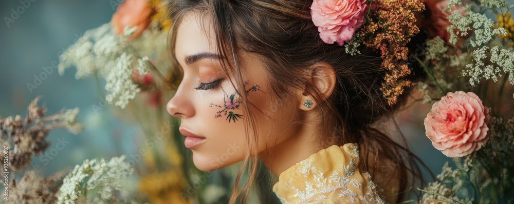 Naklejka premium Woman adorned with floral tattoos, reflecting creative and distinct beauty.