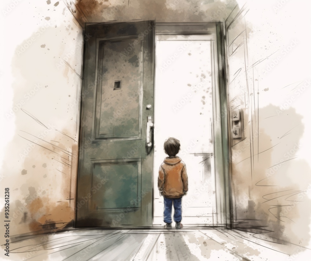 Fototapeta premium Emotional Illustrative Artwork of a Child Standing at an Open Door Symbolizing New Beginnings and Hope