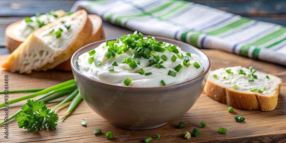 Creamy quark cheese topped with fresh chopped chives, quark, dairy, cheese, food, fresh, healthy, protein, snack Creamy quark cheese topped with fresh chopped chives, quark, dairy, cheese, food, fresh, healthy, protein, snack