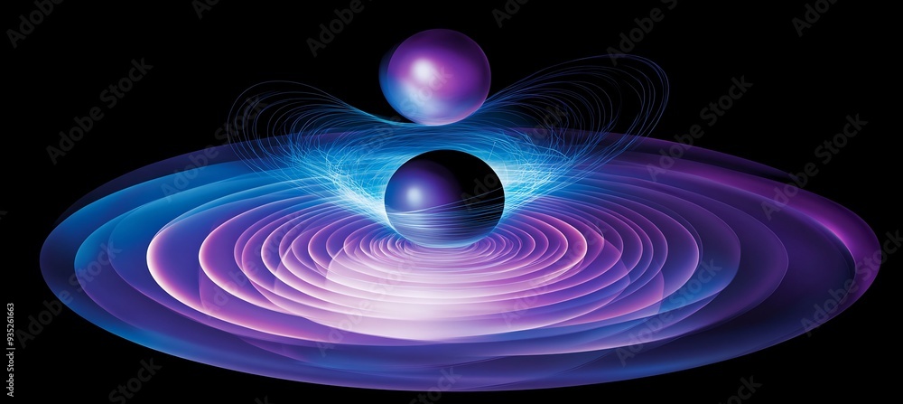 Depict black hole subject of 3D astrophysics 2D gravitational waves light particles illustrating effects of gravity an infographic illustration that explores the phenomena studied by astrophysicists Depict black hole subject of 3D astrophysics 2D gravitational waves light particles illustrating effects of gravity an infographic illustration that explores the phenomena studied by astrophysicists