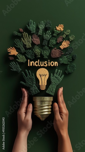 3D model of diverse hands raising a light bulb with the word 