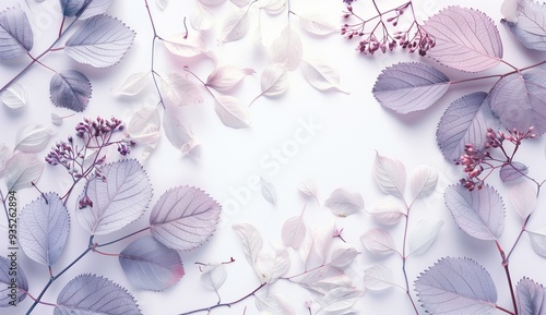 White background with light purple leaves and flowers, soft pastel colors photo