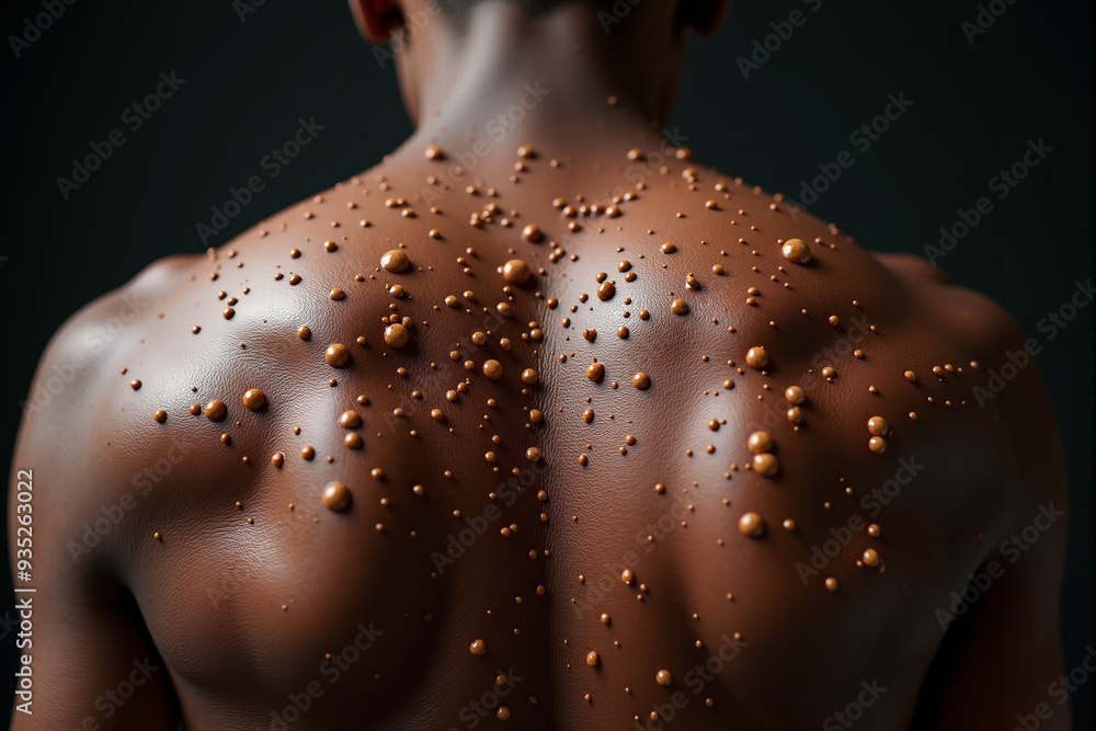 Close-Up of a Person's Back Showing Pimples and Monkeypox Rash - Detailed View of Skin Condition, Dermatological Issues, and Health Concerns Close-Up of a Person's Back Showing Pimples and Monkeypox Rash - Detailed View of Skin Condition, Dermatological Issues, and Health Concerns