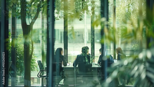 A photograph of business people in an office meeting room, with green plants and trees visible outside the window.