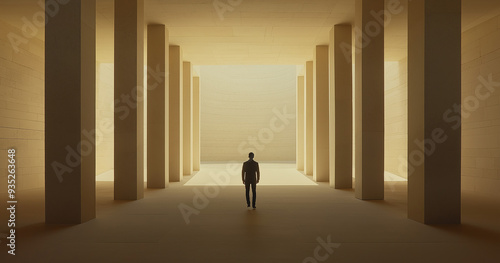 Three dimensional figure of a person facing the sun in a minimalist modern architectural space