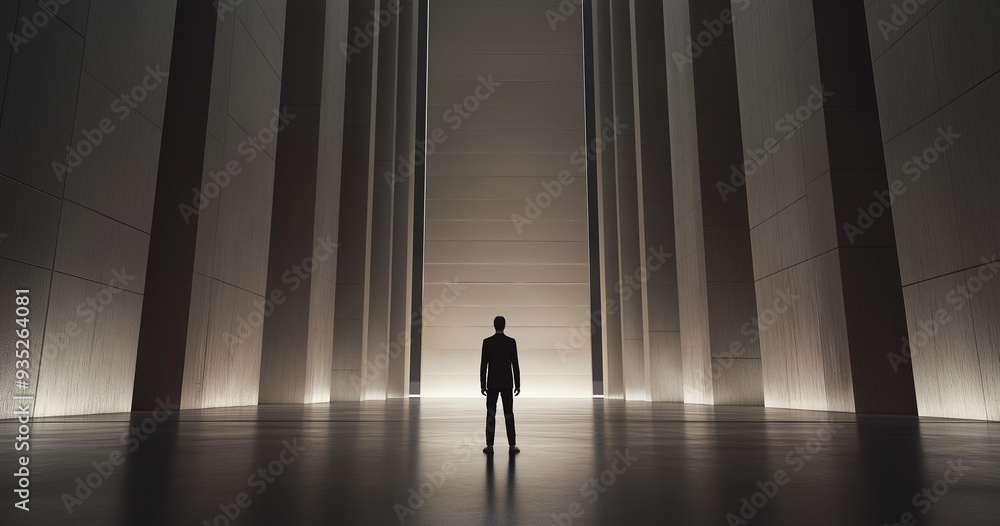 Three dimensional figure of a person facing the sun in a minimalist modern architectural space Three dimensional figure of a person facing the sun in a minimalist modern architectural space