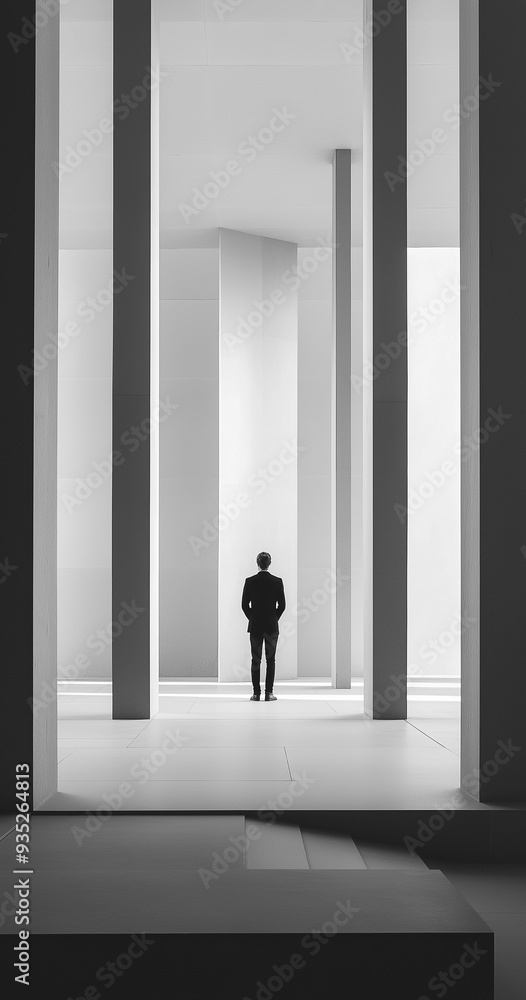 Three dimensional figure of a person facing the sun in a minimalist modern architectural space Three dimensional figure of a person facing the sun in a minimalist modern architectural space