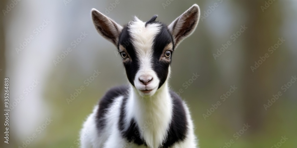 Obraz premium Cute baby goat with black and white fur, standing in a grassy fi