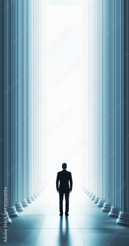 Three dimensional figure of a person facing the sun in a minimalist modern architectural space Three dimensional figure of a person facing the sun in a minimalist modern architectural space