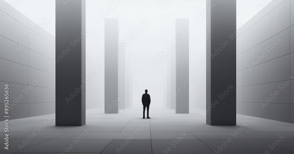Three dimensional figure of a person facing the sun in a minimalist modern architectural space Three dimensional figure of a person facing the sun in a minimalist modern architectural space