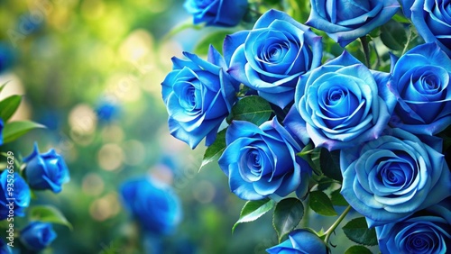 Fototapeta Naklejka Na Ścianę i Meble -  Vibrant blue roses surrounded by lush green leaves, flower, nature, blue, roses, vibrant, colorful, petals, botanical, garden