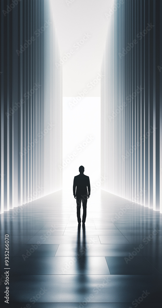 Three dimensional figure of a person facing the sun in a minimalist modern architectural space Three dimensional figure of a person facing the sun in a minimalist modern architectural space