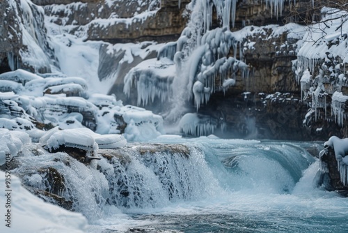 A breathtaking winter scene of a waterfall cascading over rocks, surrounded by thick layers of ice and snow, creating a frozen wonderland.