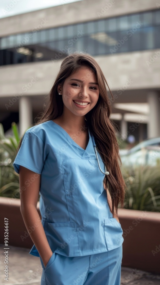 A young woman in blue scrubs stands outside a contemporary building, beaming with a warm smile. She exudes confidence and joy, embodying a positive spirit in her professional attire A young woman in blue scrubs stands outside a contemporary building, beaming with a warm smile. She exudes confidence and joy, embodying a positive spirit in her professional attire