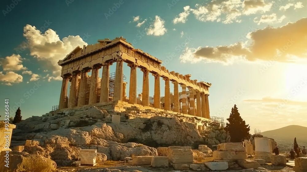 Obraz premium A summer sunset at the Parthenon Temple atop the hilltop in Athens, Greece's Acropolis