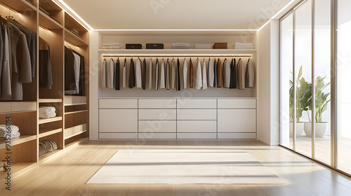 Minimal Dressing room and walk in closet with a white wardrobe photo