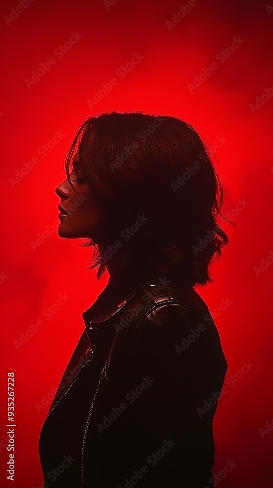 Silhouette of a woman in a leather jacket, backlit by a striking red background, exuding a mysterious and edgy vibe. Silhouette of a woman in a leather jacket, backlit by a striking red background, exuding a mysterious and edgy vibe.