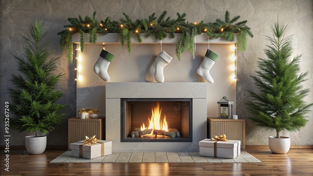 Cozy Christmas fireplace decor with stockings and presents in festive setting Cozy Christmas fireplace decor with stockings and presents in festive setting