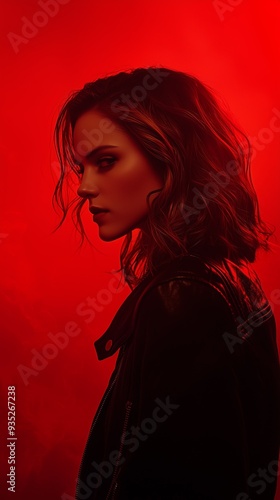 Stylish woman with short hair in leather jacket, lit by intense red backlight, exuding a rebellious and mysterious aura.