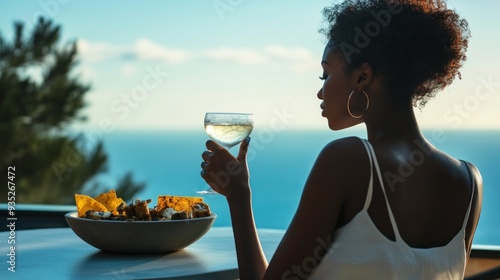 Obraz na płótnie Woman with drink and nachos overlooking the ocean w salonie