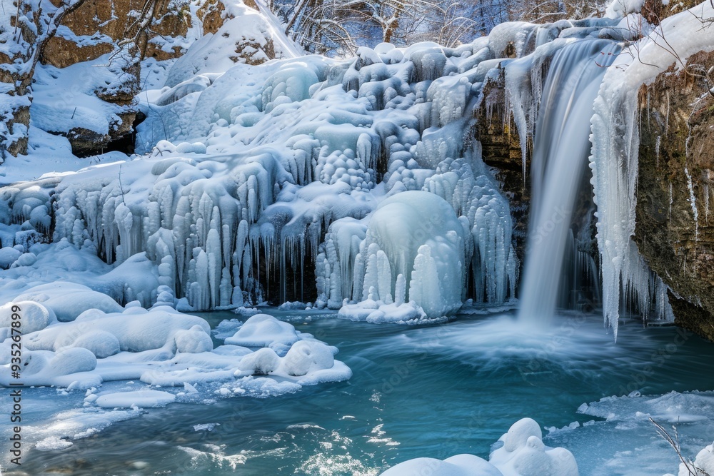A breathtaking winter scene of a waterfall cascading over rocks, surrounded by thick layers of ice and snow, creating a frozen wonderland. A breathtaking winter scene of a waterfall cascading over rocks, surrounded by thick layers of ice and snow, creating a frozen wonderland.