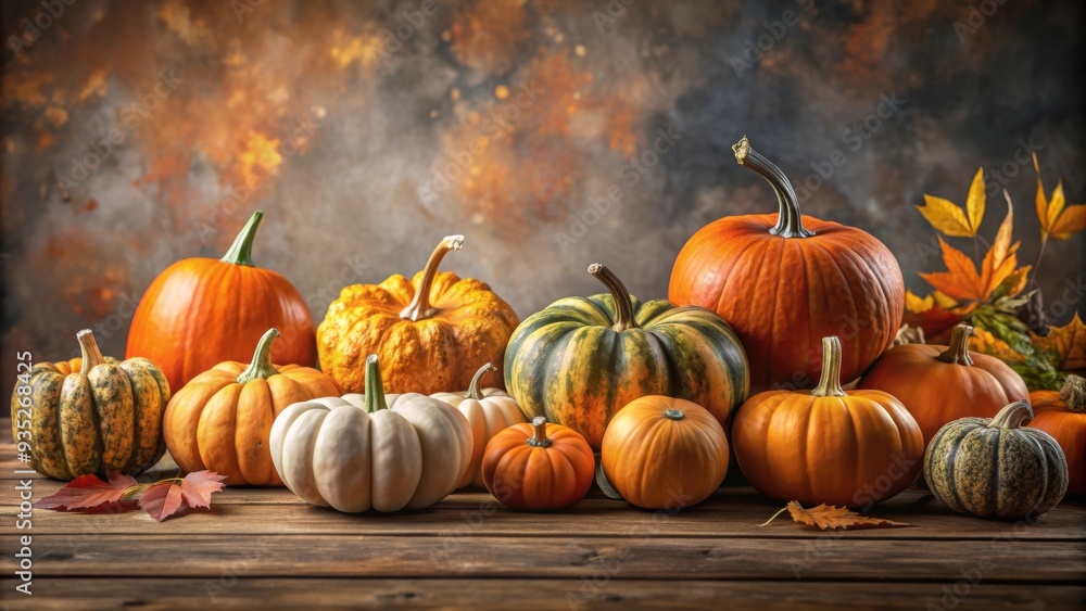 Collection of pumpkins showcased on a table for autumn decor, pumpkins, table, autumn, harvest, decoration, fall, seasonal Collection of pumpkins showcased on a table for autumn decor, pumpkins, table, autumn, harvest, decoration, fall, seasonal