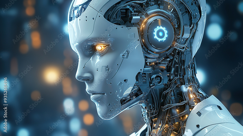 Fototapeta premium 3D rendering of the head of an AI robot with glowing eyes and intricate circuitry visible in the background