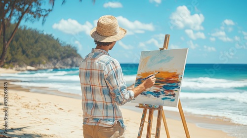 Ocean’s Embrace: A young artist immersed in creativity, painting with passion at an easel by the sea, waves crashing in the background.