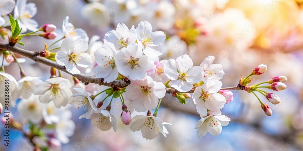 Close up of a beautiful white sakura blossom on a branch in full bloom in a garden, flower, flying, peak season, nature, tree Close up of a beautiful white sakura blossom on a branch in full bloom in a garden, flower, flying, peak season, nature, tree