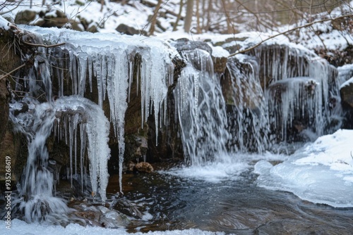 A breathtaking winter scene of a waterfall cascading over rocks, surrounded by thick layers of ice and snow, creating a frozen wonderland.