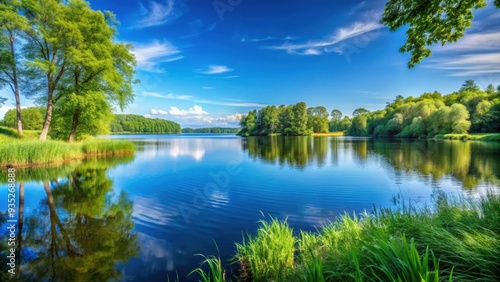 Landscape featuring a serene lake surrounded by lush greenery under a clear blue sky, scenic, nature, tranquil, serene