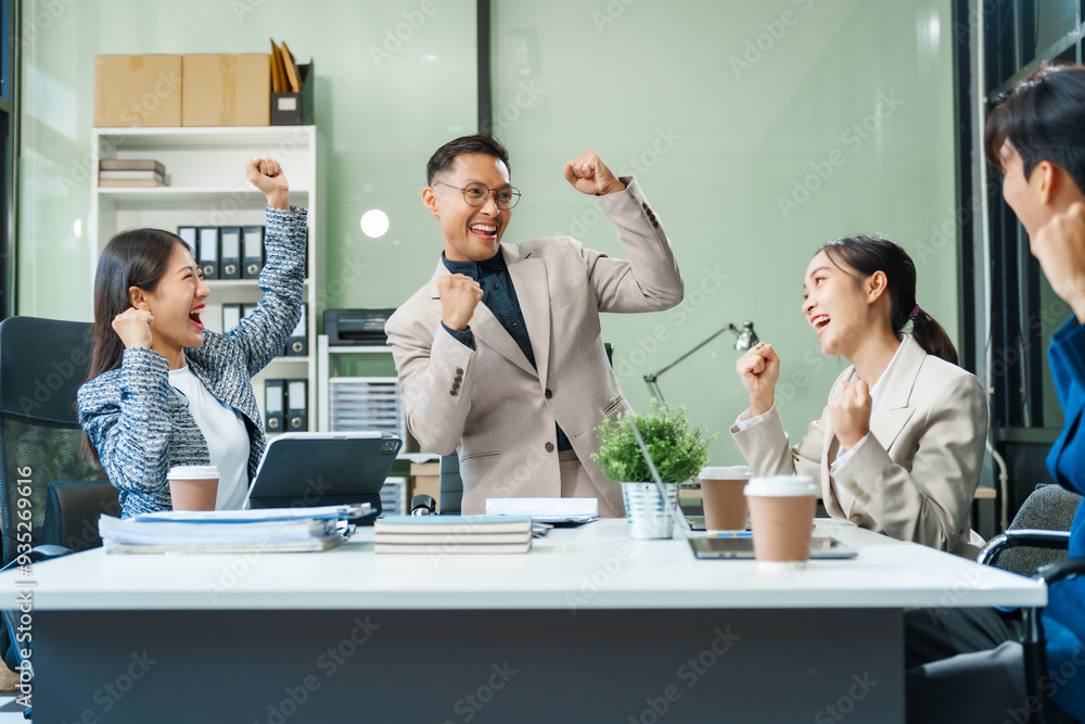 In a boardroom, an Asian team meets at a desk, presenting financial terms and strategies. Executives and employees collaborate, sharing ideas and work guidelines for success during an annual meeting. In a boardroom, an Asian team meets at a desk, presenting financial terms and strategies. Executives and employees collaborate, sharing ideas and work guidelines for success during an annual meeting.