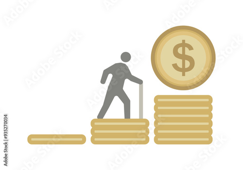 Gráfico de pila de monedas en crecimiento con silueta de persona jubilada y moneda de dólar