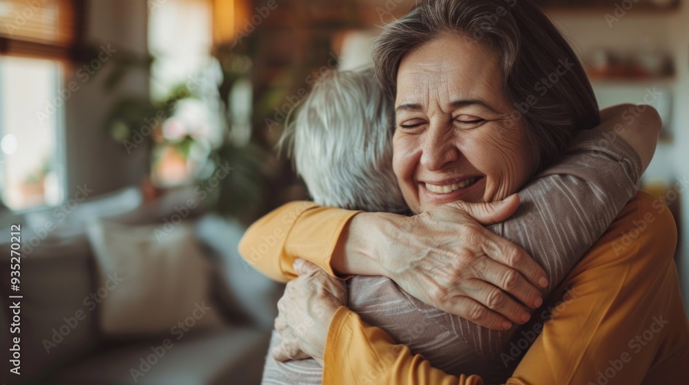 Fototapeta premium In a bright and welcoming home, a woman lovingly hugs her senior mother, showcasing their deep bond and affection for each other during a heartfelt moment
