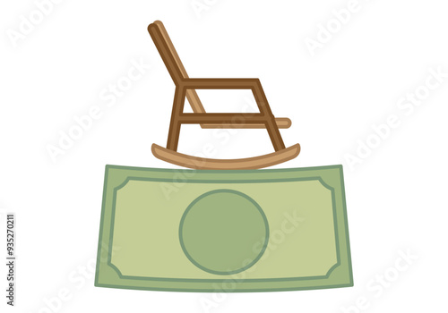 Mecedora de madera con billete verde representando jubilación