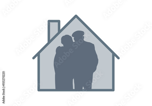 Icono azul de casa con silueta de personas de la tercera edad jubilados