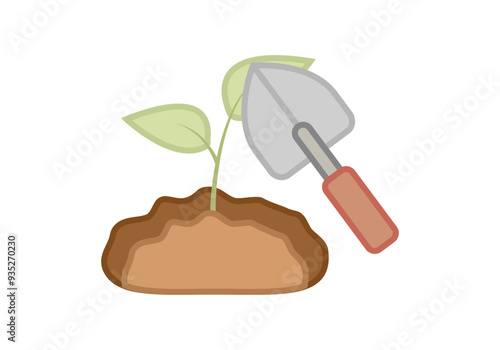 Brote de planta con pala de jardineroy tierra