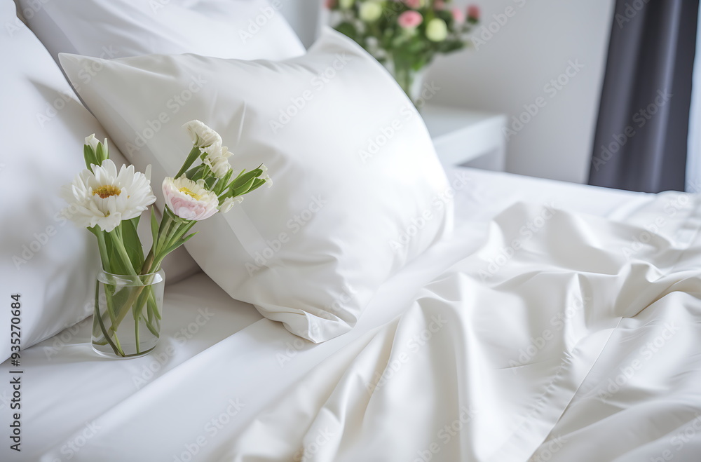 Fototapeta premium A bedroom with a white bed covered, generative ai