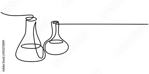 Chemistry retorts equipment with molecules concept continuous line drawing, Laboratory Beaker Flat Line Icon with Editable Stroke.