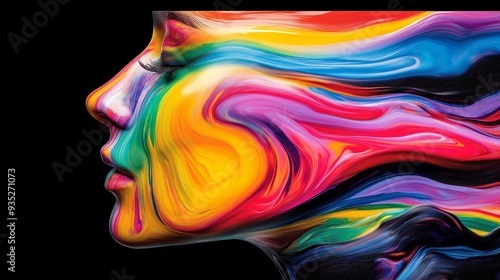 A colorful painting of a woman's face with a rainbow-colored swirl. The painting is abstract and has a vibrant, energetic feel to it