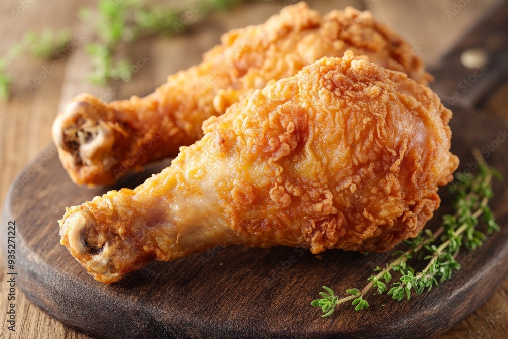 Crispy Fried Chicken Legs on a Wooden Board. Crispy Fried Chicken Legs on a Wooden Board.