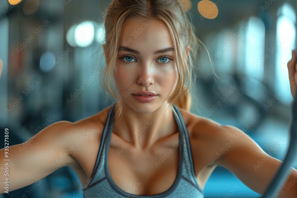 Determined Woman Exercising with Resistance Band in Gym, Athlete Working Out in Fitness Center Determined Woman Exercising with Resistance Band in Gym, Athlete Working Out in Fitness Center